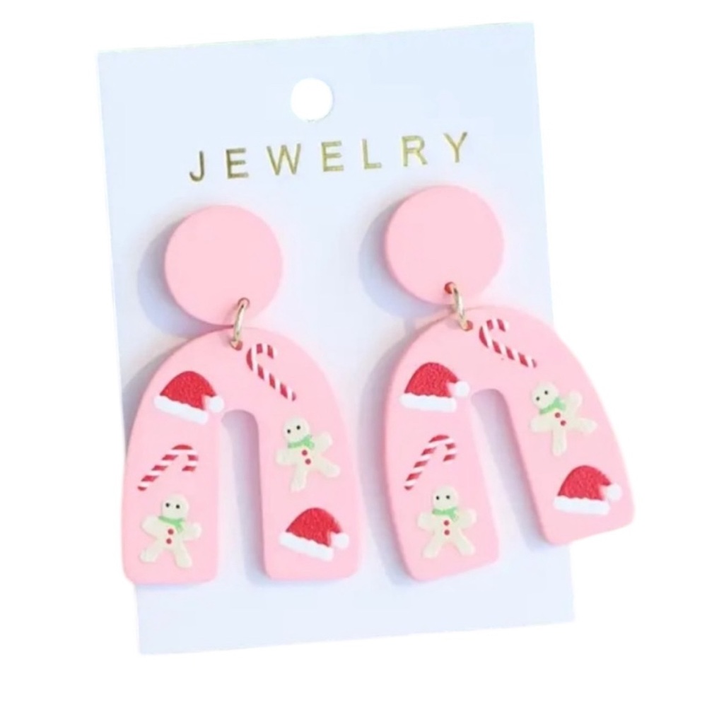 Pink Christmas U Shaped Dangle Earrings